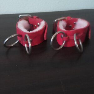 Hot Pink Leather Furry Bondage Cuffs/BDSM FETISH PLAY GEAR